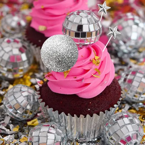 Vista 6 de Decoración para tartas de bola de discoteca, bola de espejo, estrellas
