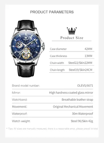 Vista 6 de OLEVS Reloj para hombre, esfera de cielo estrellado, Universo de Vía Láctea, cuerda automática, correa de cuero azul, vestido de moda, impermeable
