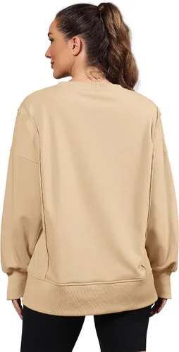 Vista 4 de Nirovien Sudadera de gran tamaño con cuello redondo para mujer, con abertura lateral, manga larga, ajuste holgado