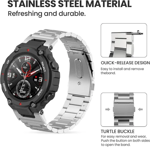 Vista 6 de E ECSEM Correa compatible con Amazfit T-Rex/T-Rex Pro, correa de repuesto de metal de acero inoxidable sólido para reloj inteligente Amazfit T-Rex