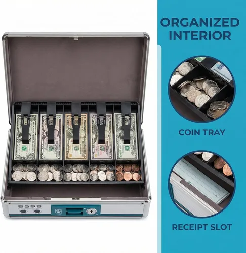 Vista 7 de STOBOK Caja de efectivo portátil con doble bloqueo de aluminio, caja de almacenamiento de dinero de 13.22 x 10.82 x 4.33 pulgadas, bandeja