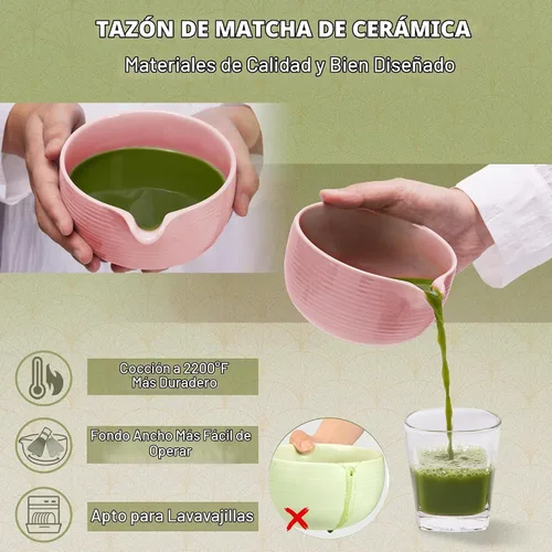 Vista 3 de Pink Ceramic Matcha Set, 6 Pcs - Bowl, Whisk (Chasen), Holder, Sifter, Bamboo Scoop & Spoon Rosa
