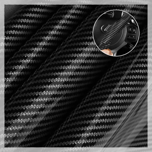 Vista 3 de Juego de fundas para volante de automóvil, funda de fibra de carbono brillante, antideslizante, 3 piezas, accesorios para volante de 14.5-15 negro