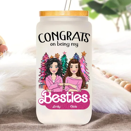 Vista 5 de Gossby Vaso de vidrio personalizado de 16 onzas con tapa, pajita, regalo de amistad personalizado para mujeres, mejores amigas con diseño, nombres