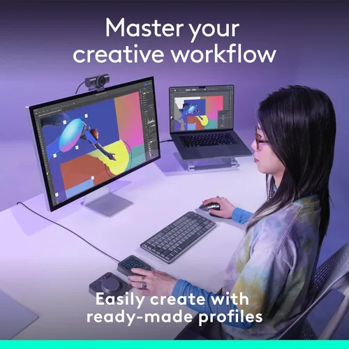 Vista 3 de Logitech MX Creative Console, 9 teclas LCD personalizables, accesorios Stream Deck, dial de control para diseño gráfico, Adobe, Zoom, Spotify