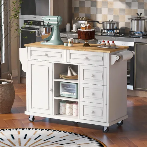 Vista 19 de Delicate Rolling Kitchen Island Cart with Rubber Wood Drop-Leaf Countertop and Lockable Rollers,Storage Cabinet and 2 Drawers,Sliding Barn Door