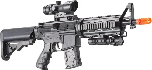 Vista 4 de Rifle de resorte Airsoft M4 de 350 FPS versión pesada con linterna y mira de punto rojo (color: negro)