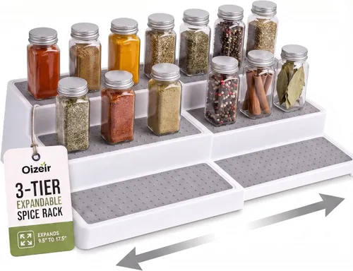 Vista 9 de Oizeir Estante organizador de especias expandible – 3 niveles – Estante transparente ajustable para organización de especias para armario de cocina