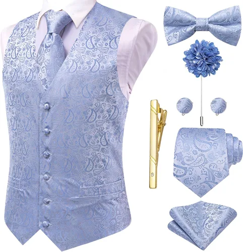 Vista 50 de Hi-Tie Chaleco de traje de seda para hombre, corbata y corbatín de solapa, clip de corbata dorado, chaleco floral de cachemira, 8 piezas, conjunto