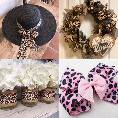 Vista 4 de Pandahall - 5 tarjetas de cinta de grogrén de leopardo de 1 pulgada / 0.984 in de ancho plano con estampado de leopardo salvaje para coser lazos