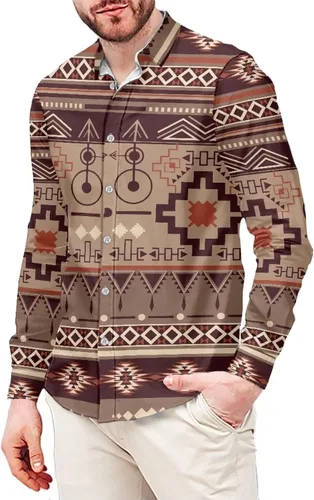 Vista 7 de Camisas aztecas con botones para hombre, vintage, nativo americano, patrón tribal nación, manga larga, camisa de talla grande para hombre