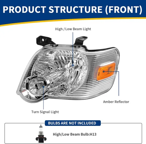 Vista 2 de Conjunto de repuesto de faros delanteros para Ford Explorer. Reflectores ámbar, carcasa cromada