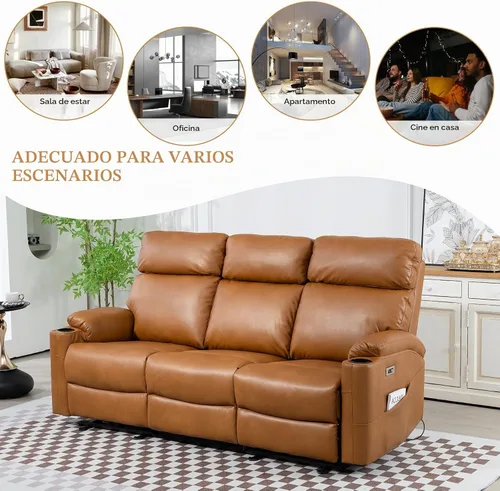 Vista 7 de Sofá reclinable eléctrico – Sofá reclinable de 3 plazas, sofá de piel sintética, asiento de cine en casa con respaldo medio abatible, sofá