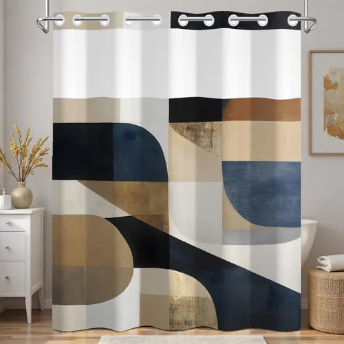 Vista 23 de No Hook Geometric Shower Curtain with Snap in Liner - 71″W x 74″L Waterproof Fabric with Mesh Top Window, Modern Abstract Triangle Design Bath