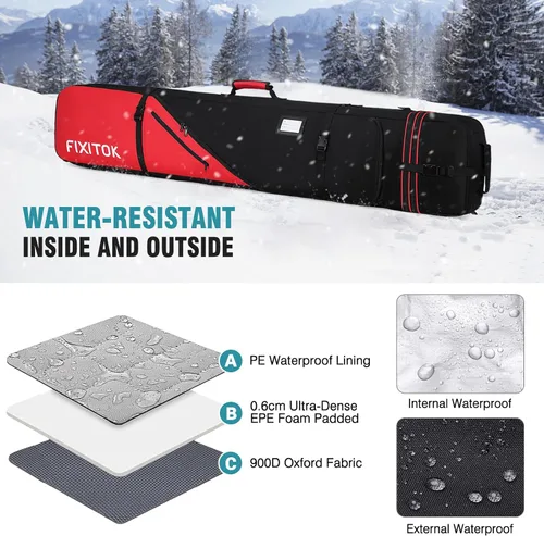 Vista 6 de FIXITOK Bolsa de snowboard y esquí para viajes aéreos, bolsa de snowboard acolchada completa impermeable que se ajusta a tabla, botas, ropa, casco