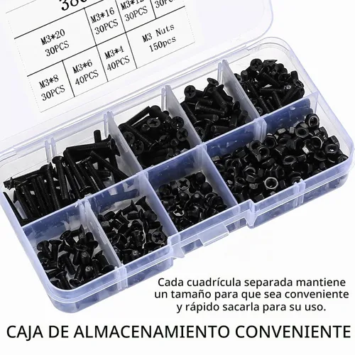 Vista 6 de Xujinsongg® Juego de tornillos de cabeza plana M3 y tuercas hexagonales, kit de 380 piezas de tornillos y tuercas Phillips negros con cabeza