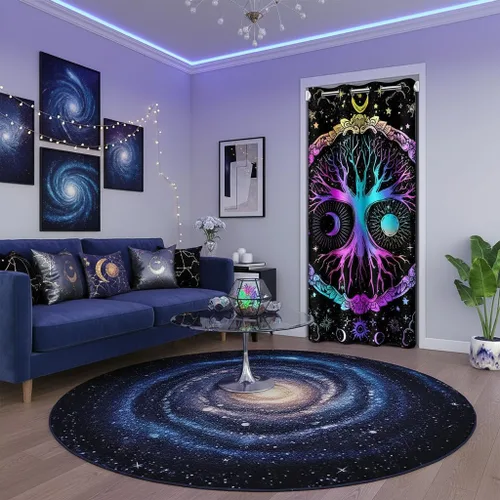 Vista 2 de Homewish Cortina de puerta de árbol de la vida azul y morado, cortina exótica para puerta de armario, puerta de armario, plantas silvestres