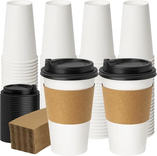 Vista 8 de YEEHAW - Paquete de 50 tazas de café de 12 onzas con tapas y fundas Mangas Kraft blancas