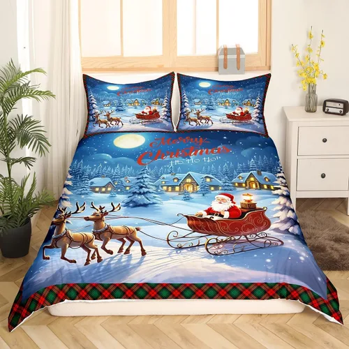 Vista 3 de Funda de edredón de Feliz Navidad para niños, jóvenes y adultos, juego de ropa de cama de Papá Noel de Navidad, diseño de copos de nieve, árbol