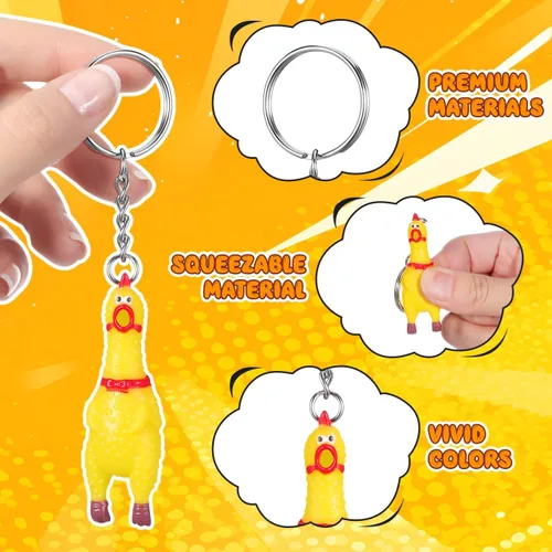 Vista 3 de NUOBESTY Paquete de 3 mini llaveros de pollo gritando para apretar, divertido colgante de pollo amarillo, lindo llavero novedoso para llaves