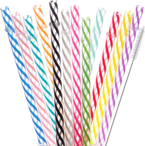 Vista 9 de Dakoufish 12 popotes gruesos de plástico reutilizables de 6 pulgadas, sin BPA, pajitas de tarro de masón, a rayas pequeñas transparentes