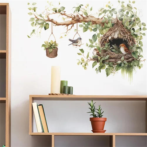 Vista 2 de Vinilo decorativo de nido de pájaro y rama de árbol, adhesivo decorativo de vinilo para pared de rama de árbol grande con diseño de cesta colgante