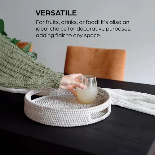 Vista 3 de Bandeja redonda de ratán de 12 pulgadas, moderna bandeja tejida con asas para mesa de comedor, sala de estar, decoración de patio, elegante bandeja