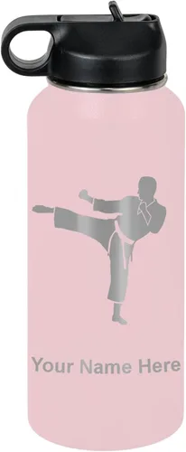 Vista 39 de Botella de agua personalizada LaserGram, Karate Man, de acero inoxidable con aislamiento al vacío de doble pared con tapa abatible, regalo grabado