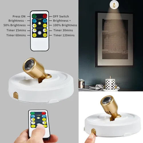 Vista 2 de Foco inalámbrico a pilas con control remoto, paquete de 2 luces para debajo del armario con función de temporizador para debajo del mostrador