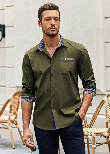 Vista 2 de COOFANDY - Camisa de vestir de algodón con mangas largas, botones y cuello a cuadros, de estilo casual, para hombres