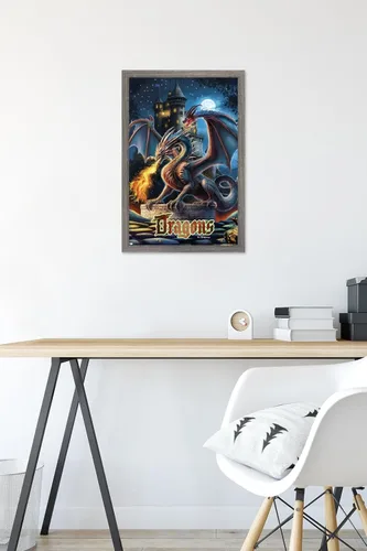 Vista 6 de Trends International PD Moreno - Póster de pared de castillo de dragón, 22.4 pulgadas de largo x 14.7 pulgadas, versión enmarcada en madera