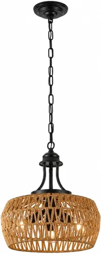 Vista 7 de Lámpara de araña bohemia de granja de 12.6 pulgadas para comedor, lámpara de ratán de 3 luces con pantalla tejida, iluminación colgante costera