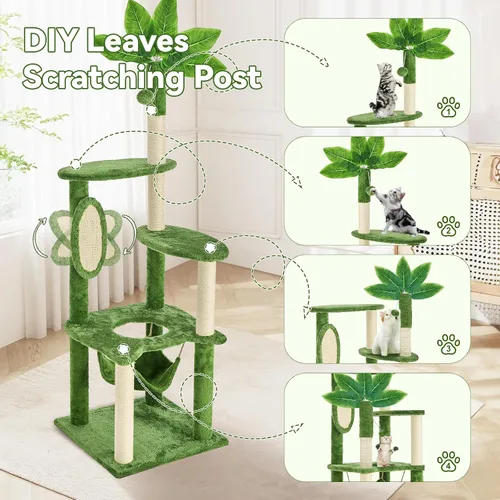 Vista 4 de Árbol para gatos de 61 pulgadas con hojas verdes, torre grande de varios niveles con hamaca, casa de felpa para gatos con juguete de bola colgante