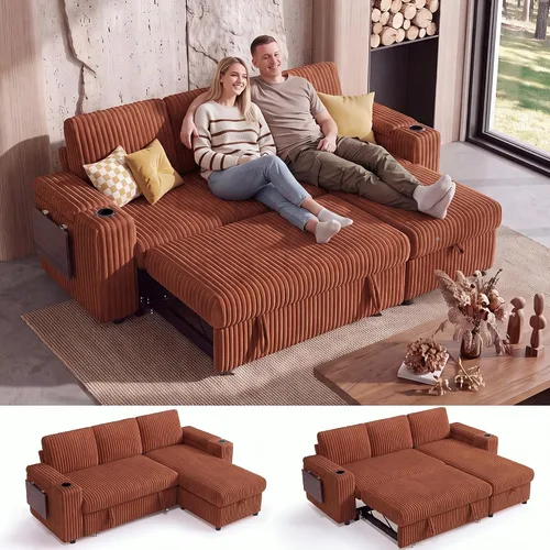 Vista 29 de WEUP Sofá cama modular de 111 pulgadas con cama extraíble, sofá de pana de felpa en forma de L de 7 asientos con diván de almacenamiento, puertos