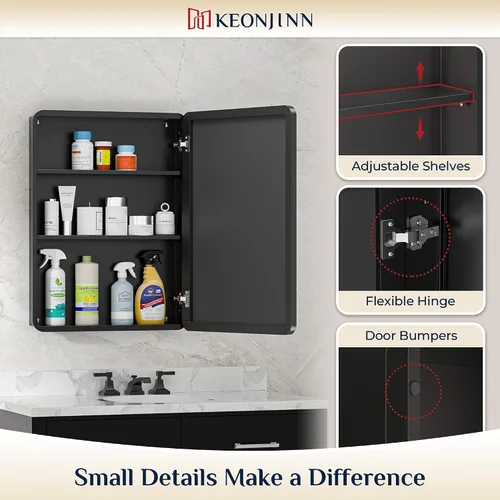 Vista 8 de Keonjinn Gabinetes de medicina delgados negros de 15 x 36 pulgadas, botiquín lateral estrecho para baño con espejo, marco de acero inoxidable