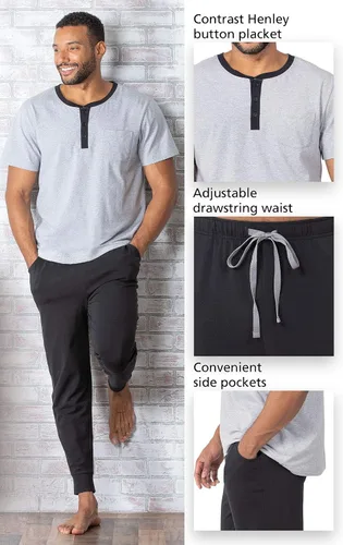 Vista 5 de PajamaGram Ringer Tee Men's Sleepwear - Men Pajamas Set, Henley Top & Joggers