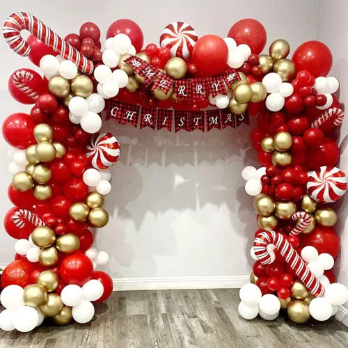 Vista 7 de Kit de arco de guirnalda de globos de Navidad, 148 unidades, globos rojos y blancos rubí, bastón de caramelo, piruleta, explosión, estrella, globos