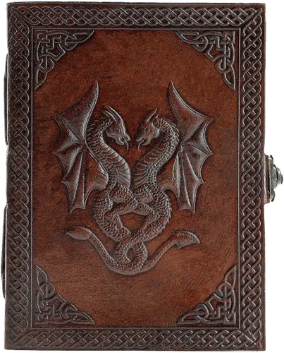 Vista 11 de Diario de cuero doble dragón hecho a mano/cuaderno de escritura/bloc de notas diario encuadernado para hombres y mujeres, papel sin forro, mediano
