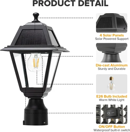 Vista 4 de LUTEC Luz de Poste Solar LED, Luz de Poste de Lámpara Solar de Aluminio Fundido, Cabezal de Luz de Poste Impermeable del Atardecer al Amanecer, 200