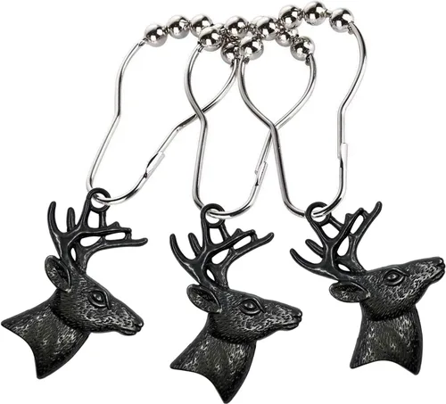 Vista 3 de Juego de 12 ganchos para cortina de ducha de ciervos, anillos rústicos para baño, decoración temática de Navidad, cuernos de reno, madera de ciervo