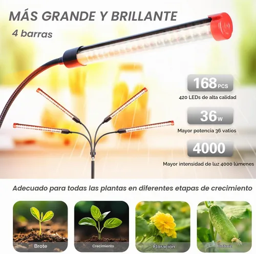 Vista 5 de ¡FECiDA Gamechanger! Luz de cultivo de 36W con 4 cabezas y soporte de trípode, luces de cultivo LED de gran cobertura de 2025 para plantas