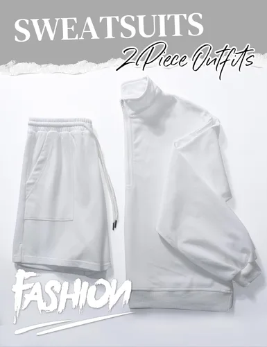Vista 8 de Flygo Conjunto de 2 piezas de algodón para mujer, sudadera con media cremallera y pantalones cortos de cintura alta
