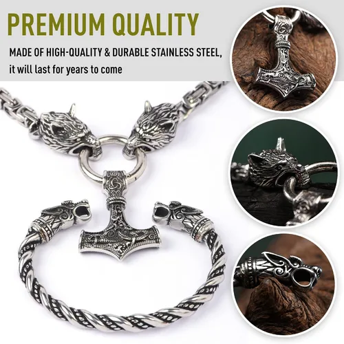 Vista 6 de VikingsBrand Handmade Stainless Steel Thors Hammer Necklace with Wolf Heads Mjolnir Pendant Viking Gifts for Men Norse Jewelry for Men Authentic