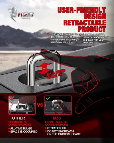 Vista 5 de MZS Anclajes de amarre, anillo en D retráctil compatible con F150 1998-2022 2017-2021 F250 y F350 Super Duty Raptor 2017-2019 - Todo metal, lado