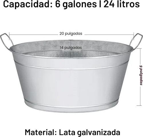 Vista 2 de Tina grande de bebidas de lata galvanizada de 6 galones, 20 x 14 x 10 pulgadas (paquete de 2)