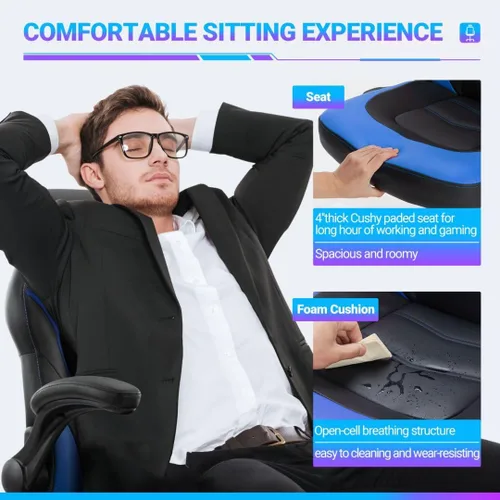 Vista 6 de Silla ergonómica resistente para videojuegos, para oficina en casa, con soporte lumbar, respaldo ajustable, reposabrazos abatible y ruedas