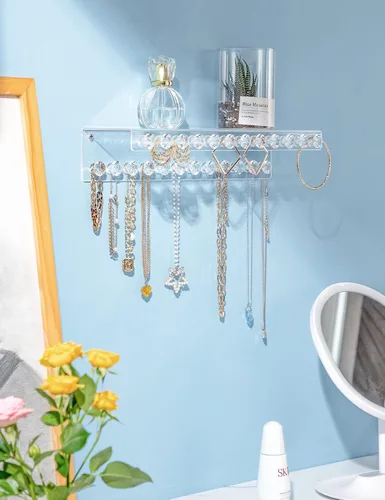 Vista 7 de Mymazn Paquete de 2 soportes acrílicos para collares con estante y 24 ganchos en forma de diamante, organizador de joyas montado en la pared