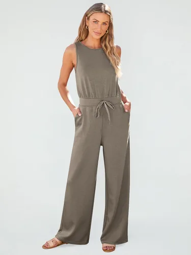 Vista 2 de AUTOMET - Overol elegante de verano para mujer, casual, sin mangas, pierna ancha, pantalones largos, ropa de moda 2024