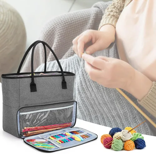 Vista 8 de Yarwo Bolsa de ganchillo para tejer, bolsa de almacenamiento de hilo para proyectos de WIP, madejas de hilo, ganchos de ganchillo y agujas de tejer