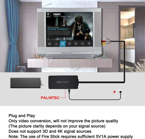 Vista 4 de Convertidor HDMI a AV Adaptador de convertidor compuesto HDMI a RCA, compatible con PAL/NTSC, soporte 1080P, compatible con Roku/Fire